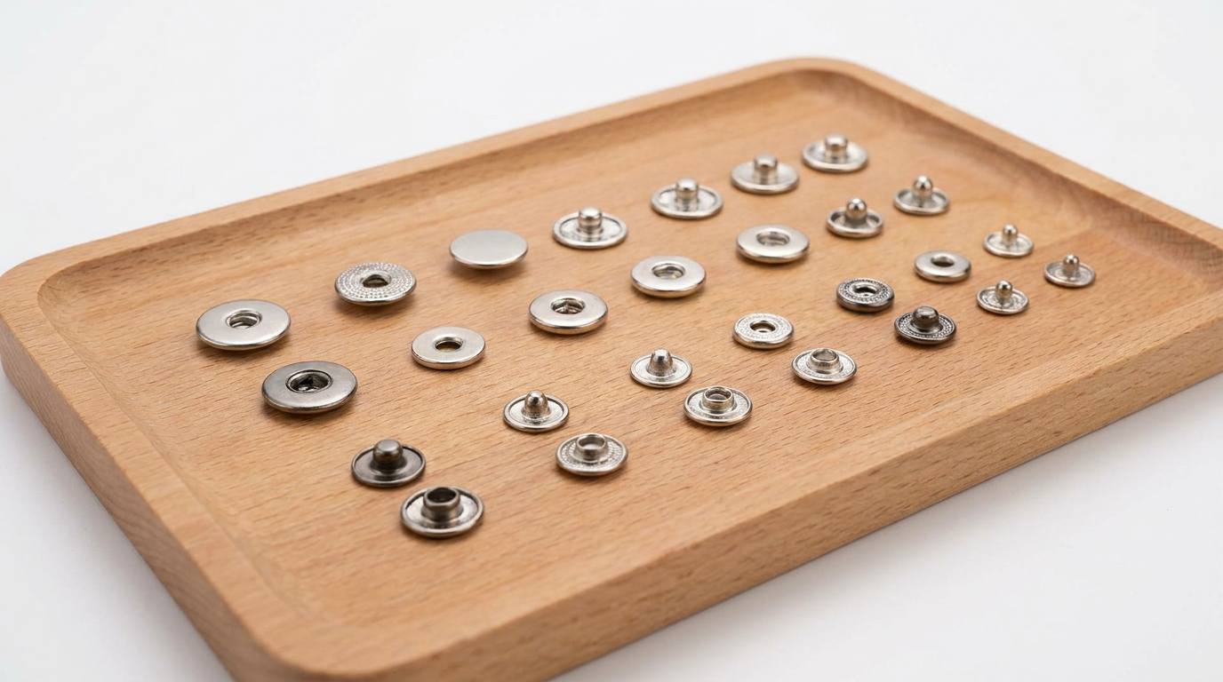 snap buttons for coats, Snap buttons for coats in multiple sizes and metal finishes are neatly arranged on a wooden display tray.
